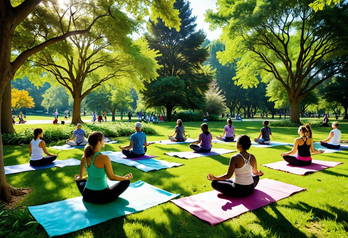 A colorful and energetic scene of a diverse group of individuals engaging in various vibrant activities promoting wellness, such as yoga, cooking healthy meals, and meditating in a sunlit park. Surround them with nature, flowers, and inspirational quotes floating in the air. The atmosphere should feel uplifting and positive, inviting the viewer to explore vibrant living. super-realistic. vibrant colors. peaceful background.