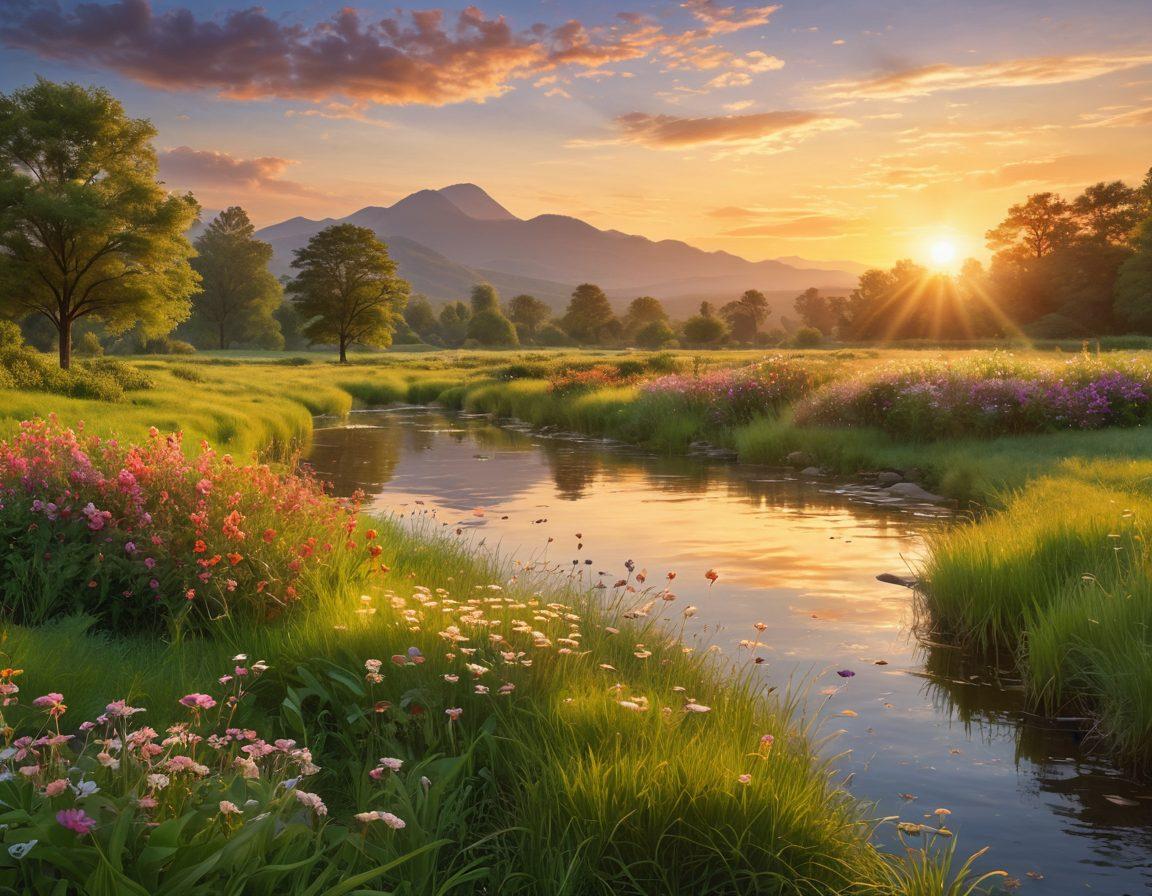 A tranquil scene depicting a sunrise over a serene landscape, blending elements of nature such as blossoming flowers and a flowing river, symbolizing revitalization and growth. Include a diverse group of individuals engaging in mindful activities like yoga and meditation, embodying positive change and well-being. The atmosphere should be uplifting and rejuvenating. vibrant colors. super-realistic.